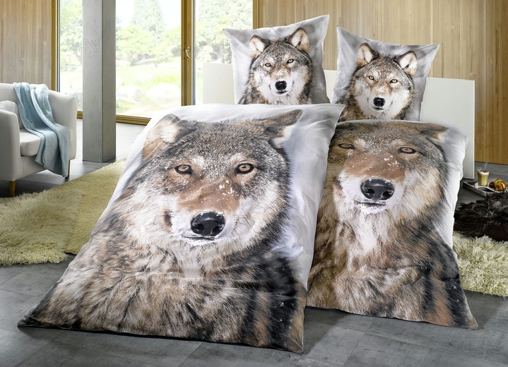 Bettwäschegarnituren - Bettwäsche-Garnitur mit Druckmotiv «Wolf», in Größe 112 (80/80 cm + 135/200 cm) bis 115 (80/80 cm + 155/220 cm), in Farbe GRAU