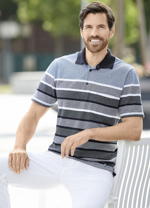 Shirts - Poloshirt mit kleinen Seitenschlitzen, in Größe 046 bis 062, in Farbe SCHWARZ-GRAU-HELLBLAU