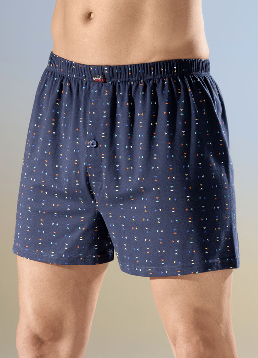 Unterhosen - Viererpack Boxershorts mit Alloverdessin, in Größe 005 bis 016, in Farbe 2X MARINE-BUNT, 2X SCHWARZ-BUNT