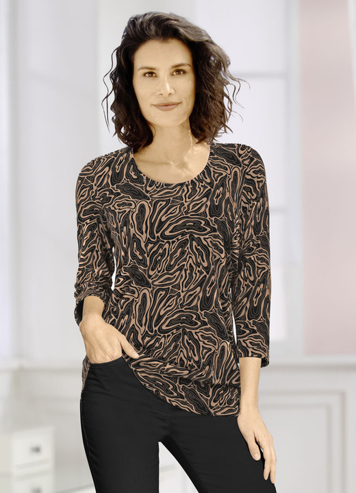 3/4-Arm - Pullover in Feinstrick, in Größe L(44/46) bis XXL(52/54), in Farbe SCHWARZ-CAMEL