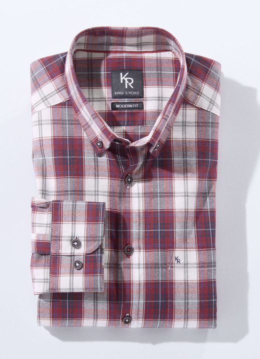 Langarm - Hemd von «King's Road» mit Button-Down-Kragen in 3 Farben, in Größe 3XL(47/48) bis XXL(45/46), in Farbe ROT-ECRU KARIERT Ansicht 1